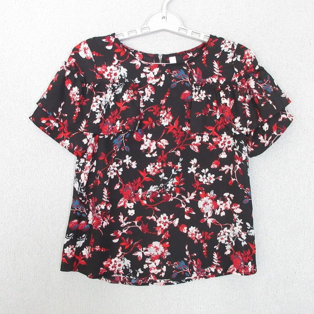 Xhilaration Top Womens XS Black Red Floral Layered‎ Ruffle Sleeve Back Zipper